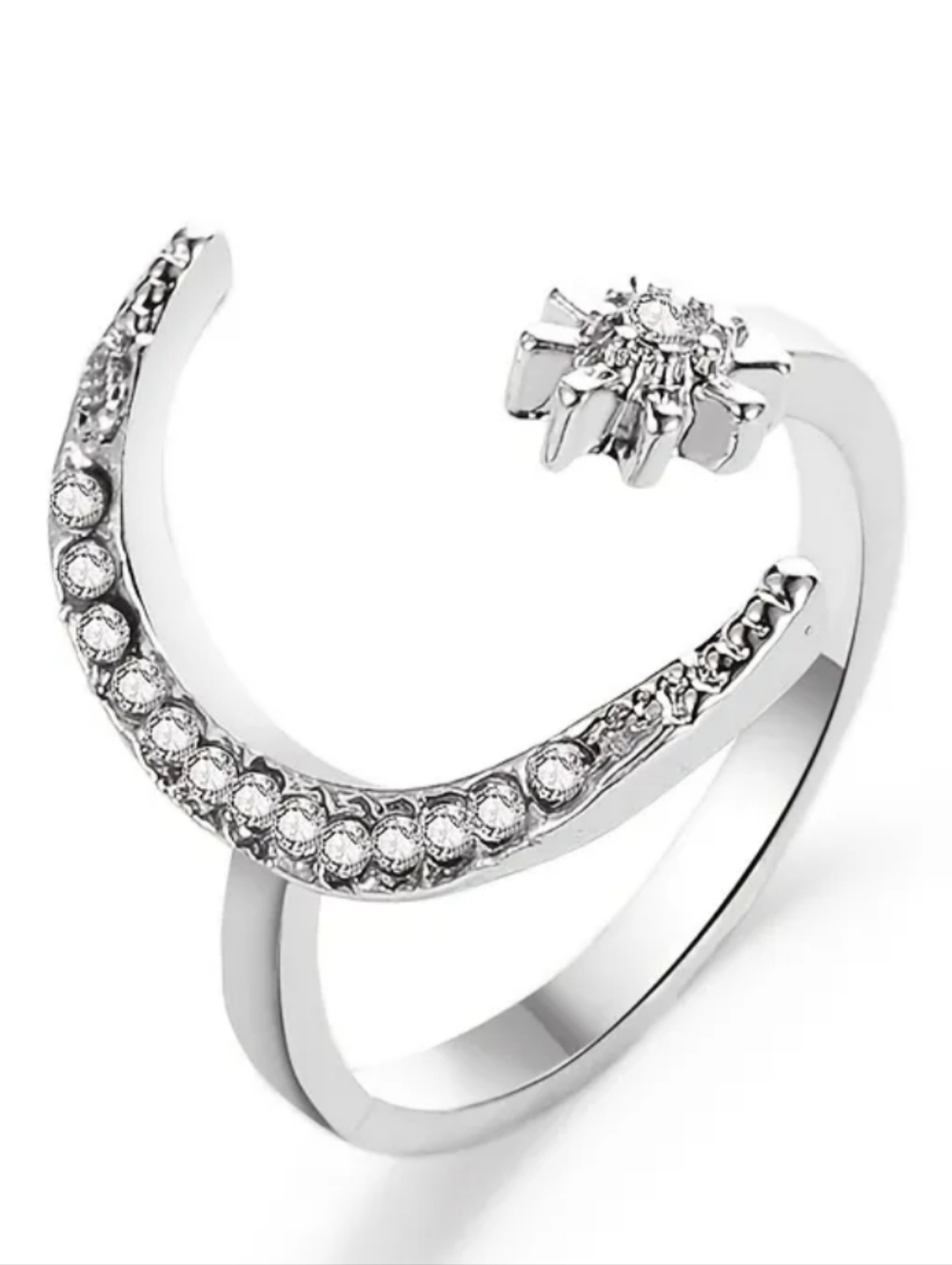Crescent Moon and Star Cubic Zirconia Silver Plated Adjustable Band Ring Size 6